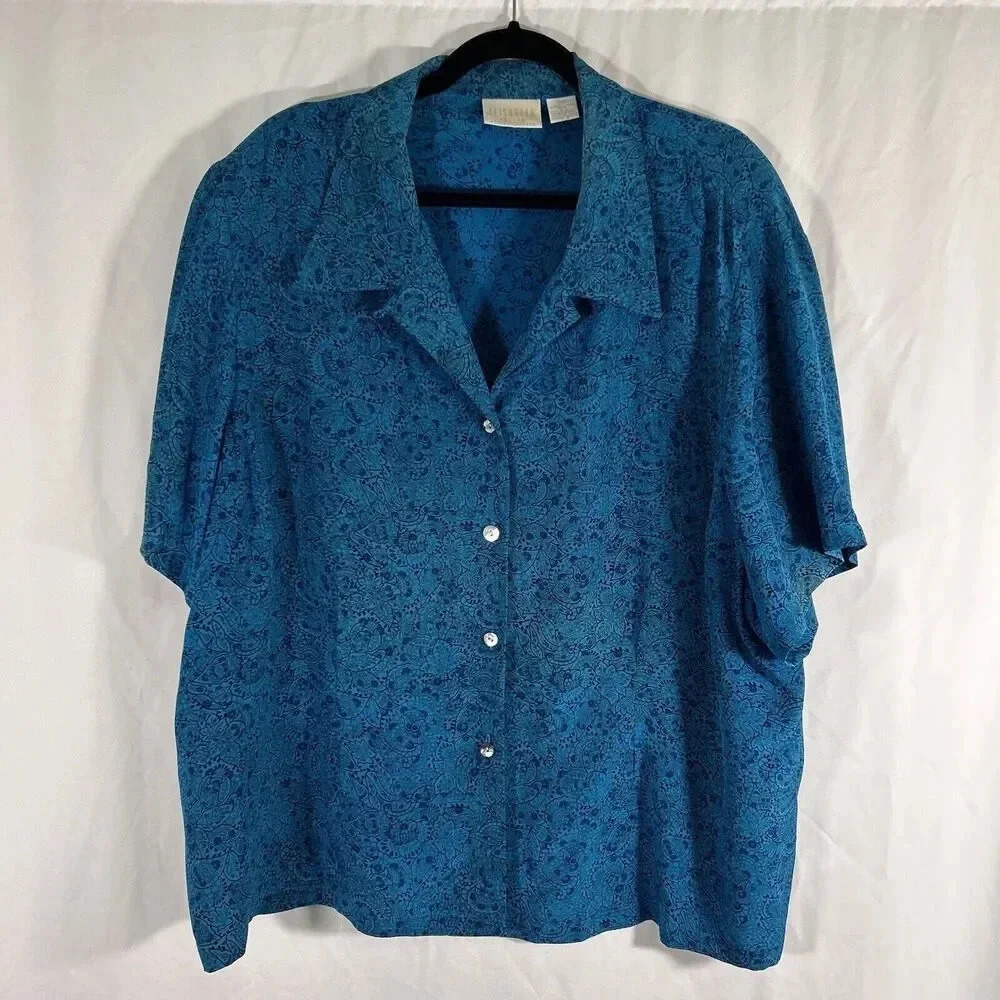 Elizabeth by Liz Claiborne Silk Blouse Size 24P petite Blue Floral SHoulder Pads